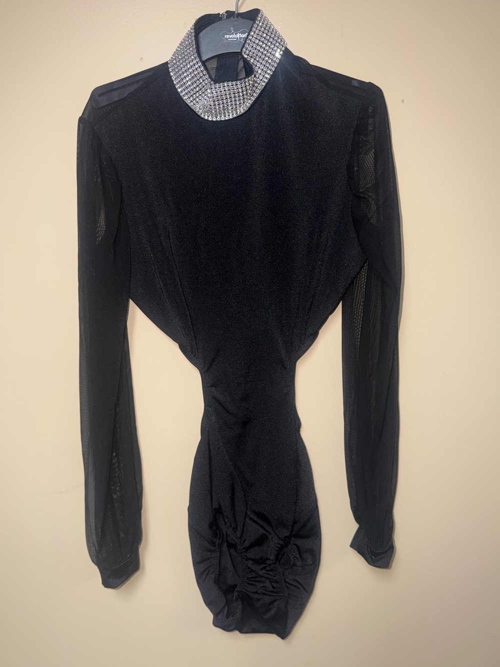 Glam Black Long-Sleeve Bodysuit with Rhinestone Collar
